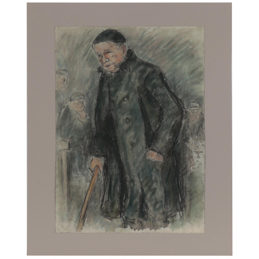 Mixed Media Drawing of Elderly Man with Cane, Late 20th Century