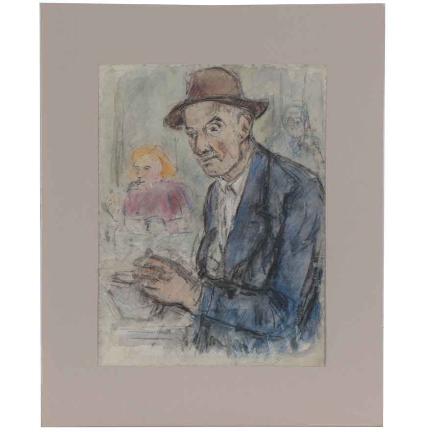 Mixed Media Portrait Drawing, Late 20th Century
