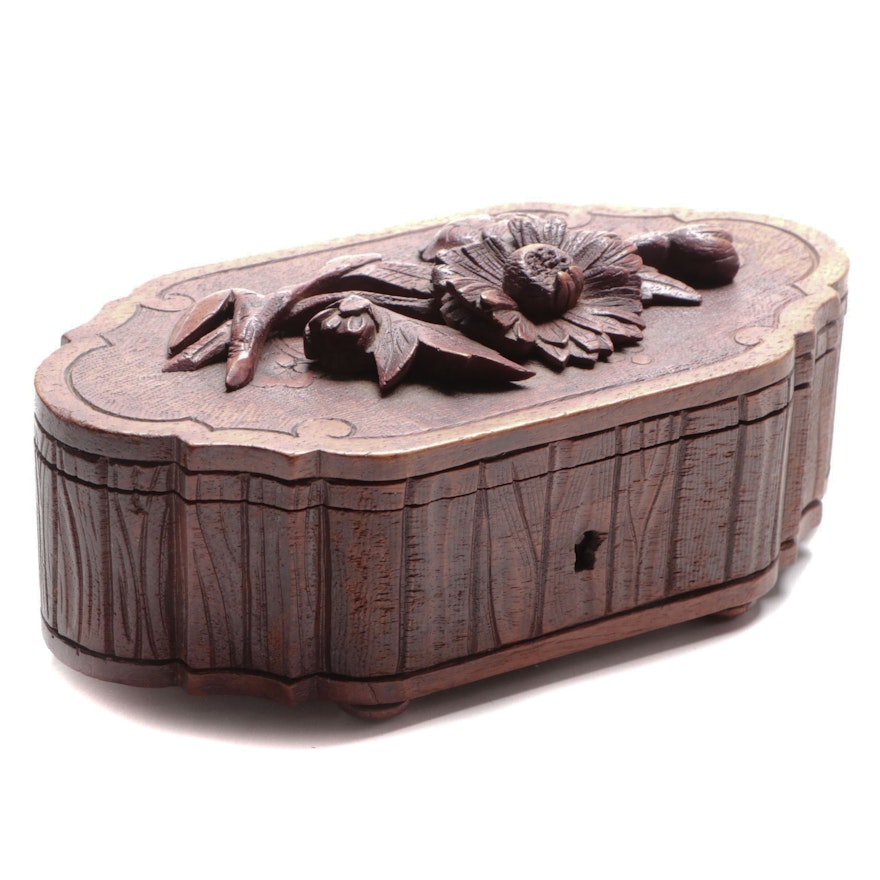 Black Forest Style Hand Carved Walnut Cloth Lined Jewelry Casket, Antique