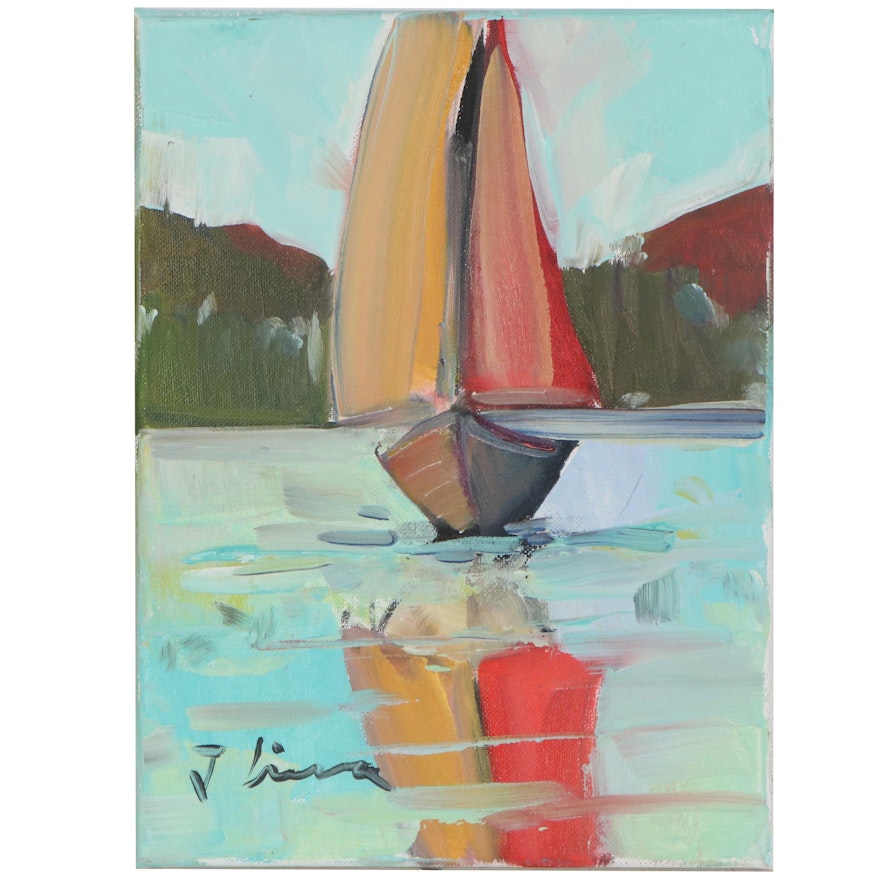 José M. Lima Impressionist Style Oil Painting of Sailboat