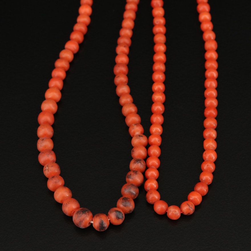 Beaded Coral Necklaces with Sterling Clasps