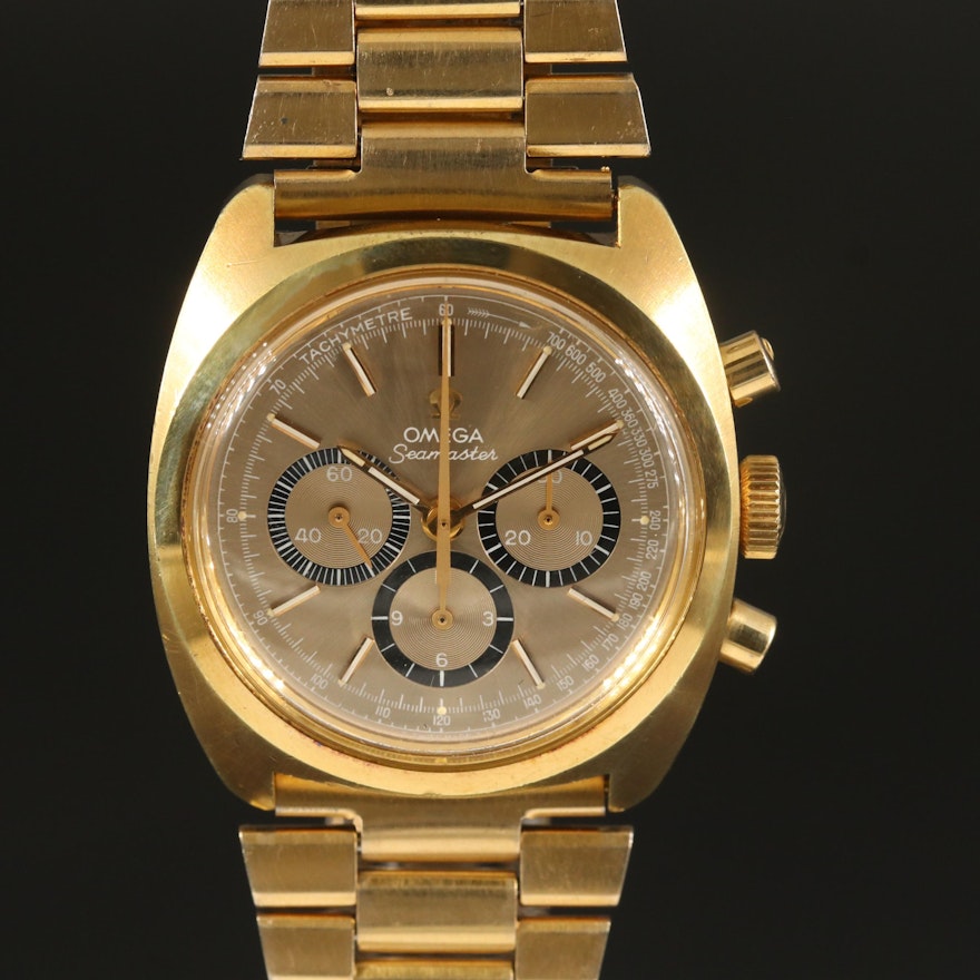 1970 Omega Seamaster Chronograph Gold Plated Stem Wind Wristwatch