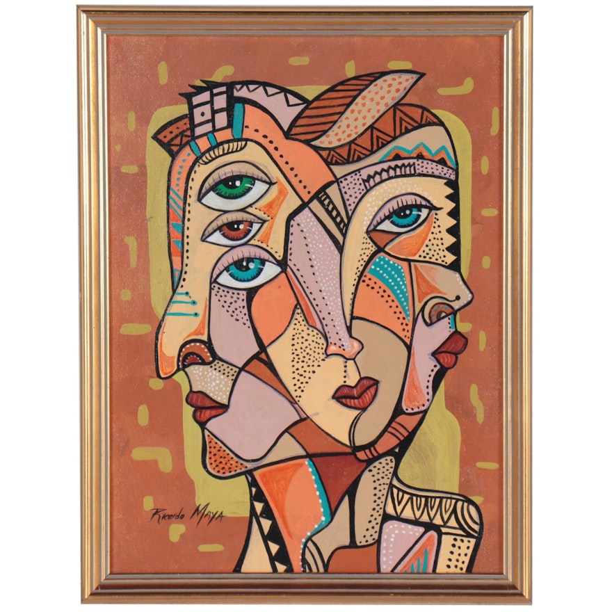 Ricardo Maya Acrylic Painting of Cubist Style Figure