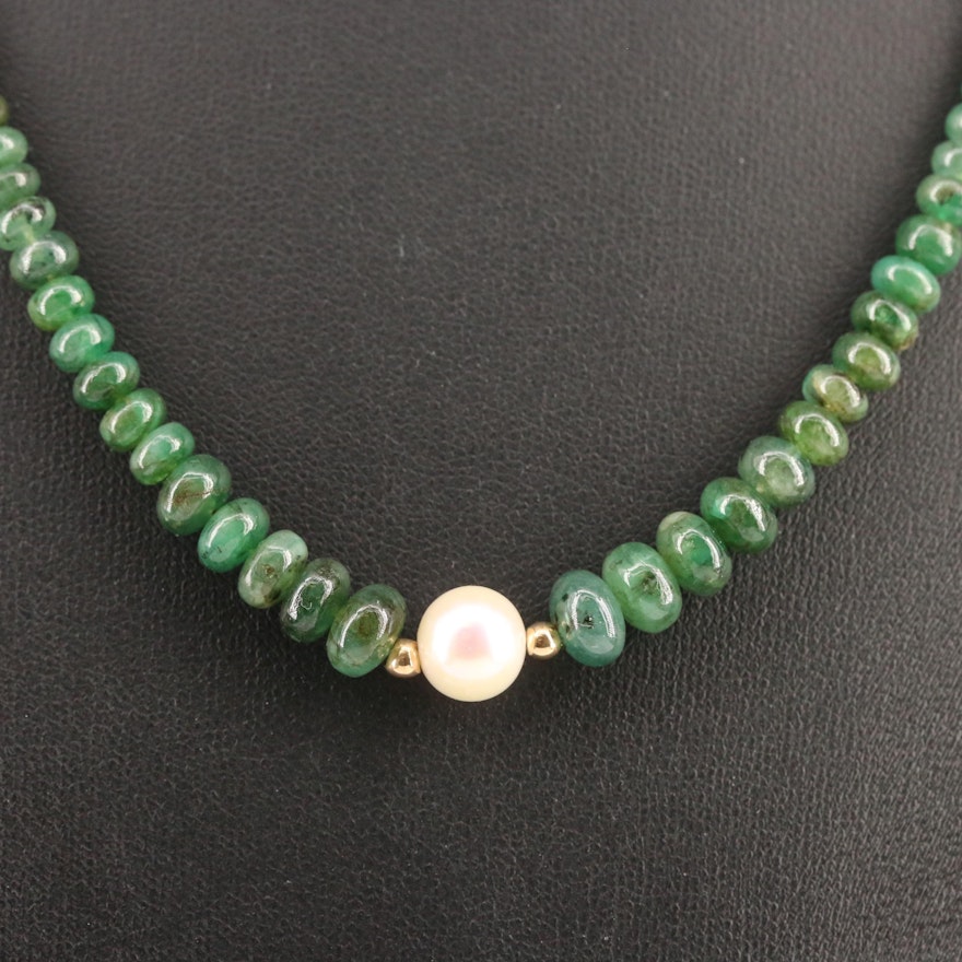 14K Pearl and Nephrite Graduated Necklace