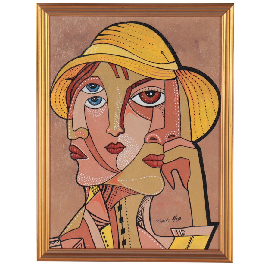 Ricardo Maya Acrylic Painting of Cubist Style Figure in Yellow Cap