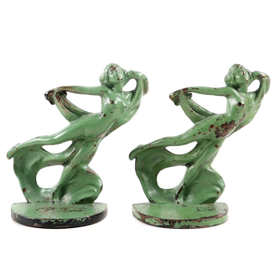 Hubley Cast Iron Dancing Nude with Scarf Bookends, Early to Mid 20th Century