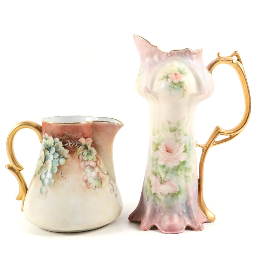 Hobbyist Hand-Painted Floral and Grape Vine Motif Porcelain Pitchers