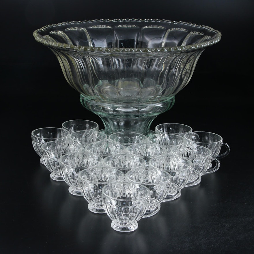 Heisey Pressed Glass Colonial Scallop Punch Bowl with Assembled Base and Cups