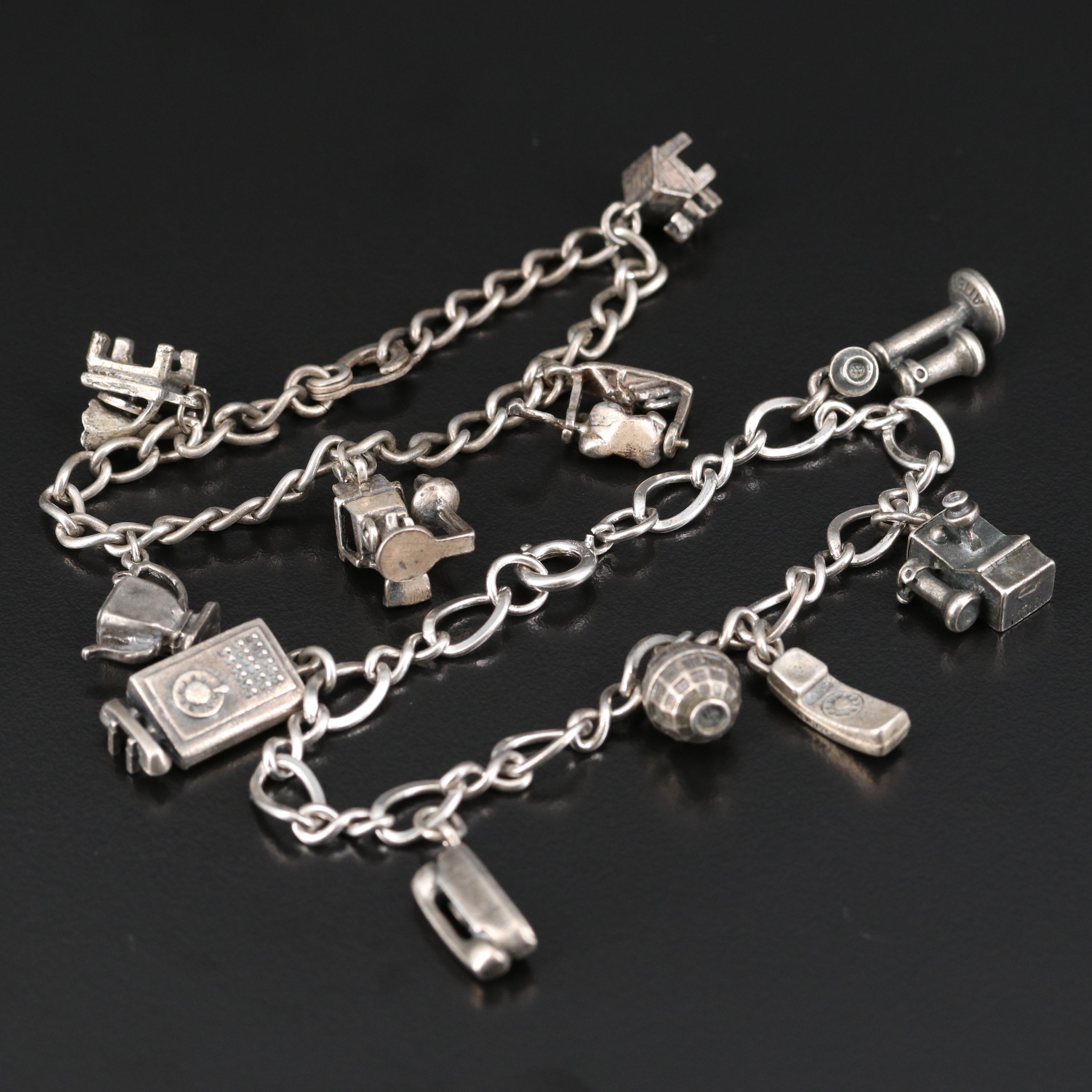 Vintage Sterling Charm Bracelets with Barber Chair and Phone Themed Charms