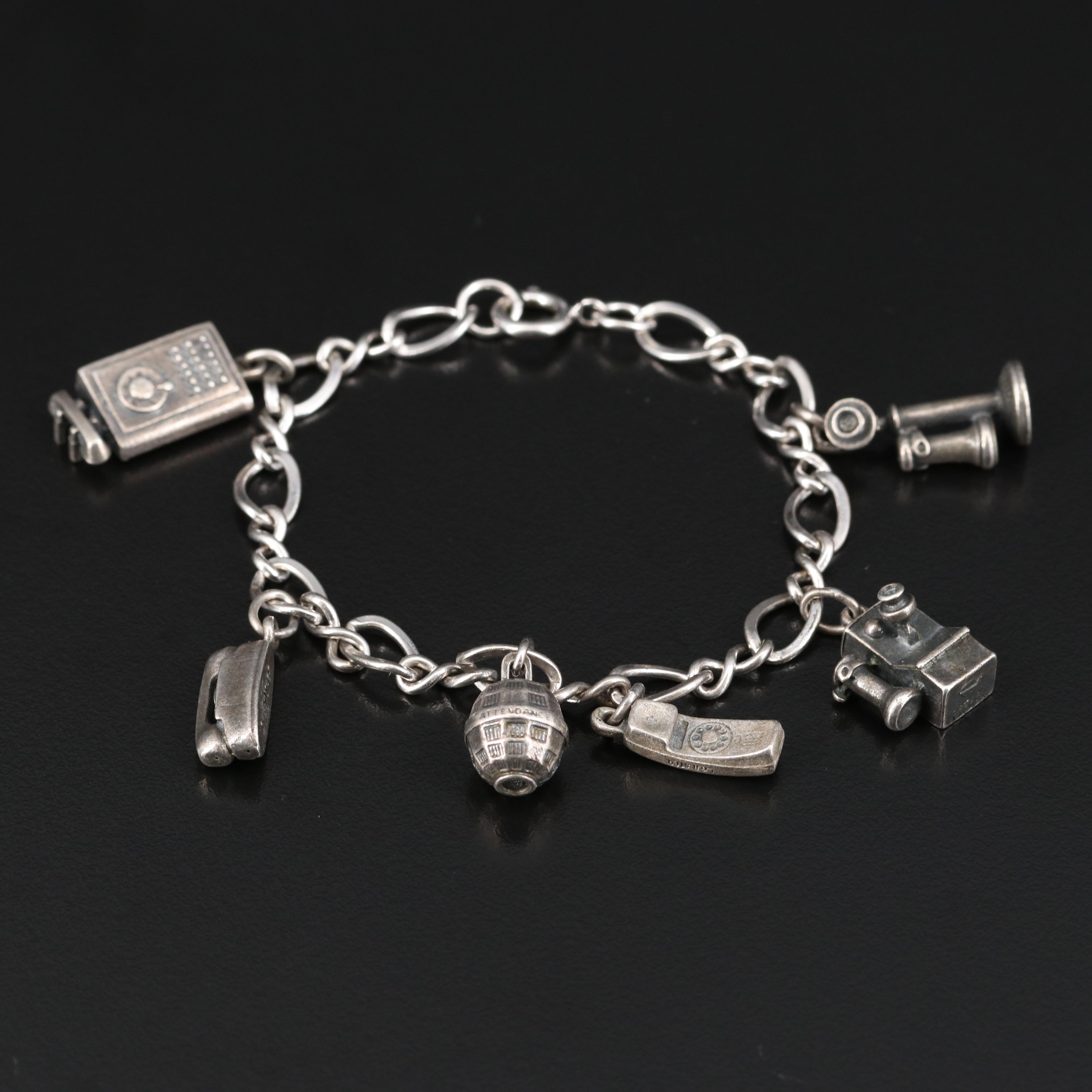 Vintage Sterling Charm Bracelets with Barber Chair and Phone Themed Charms