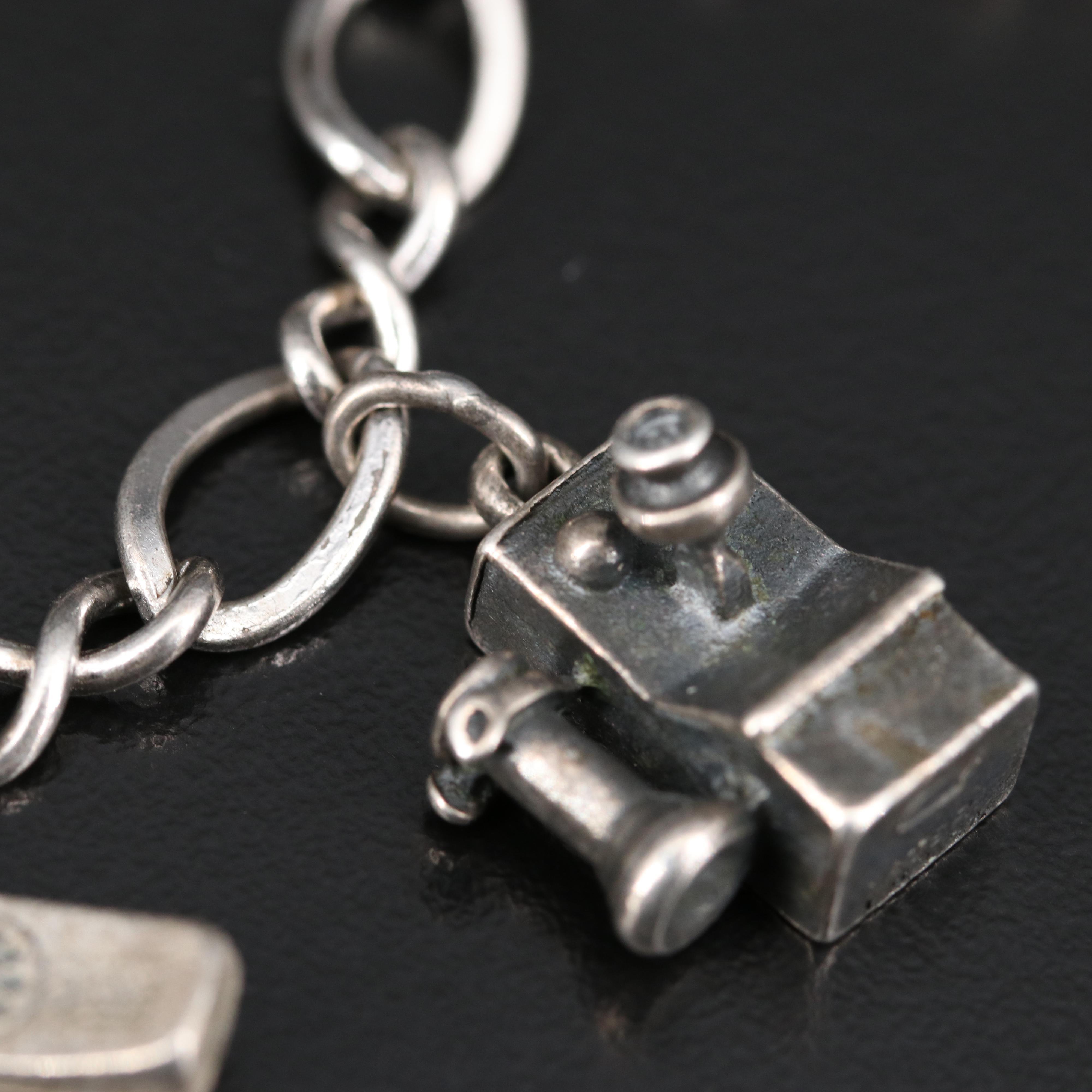 Vintage Sterling Charm Bracelets with Barber Chair and Phone Themed Charms