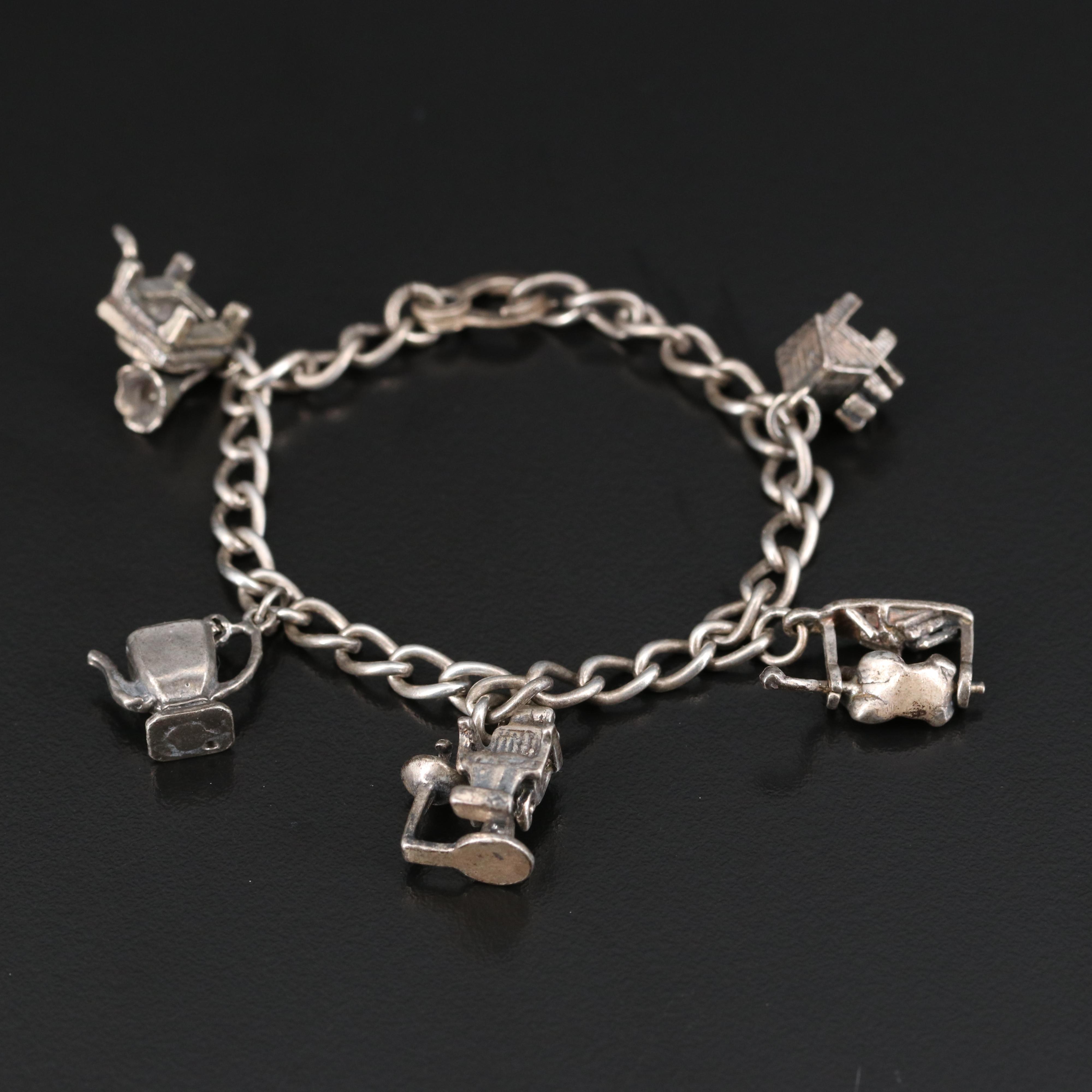 Vintage Sterling Charm Bracelets with Barber Chair and Phone Themed Charms