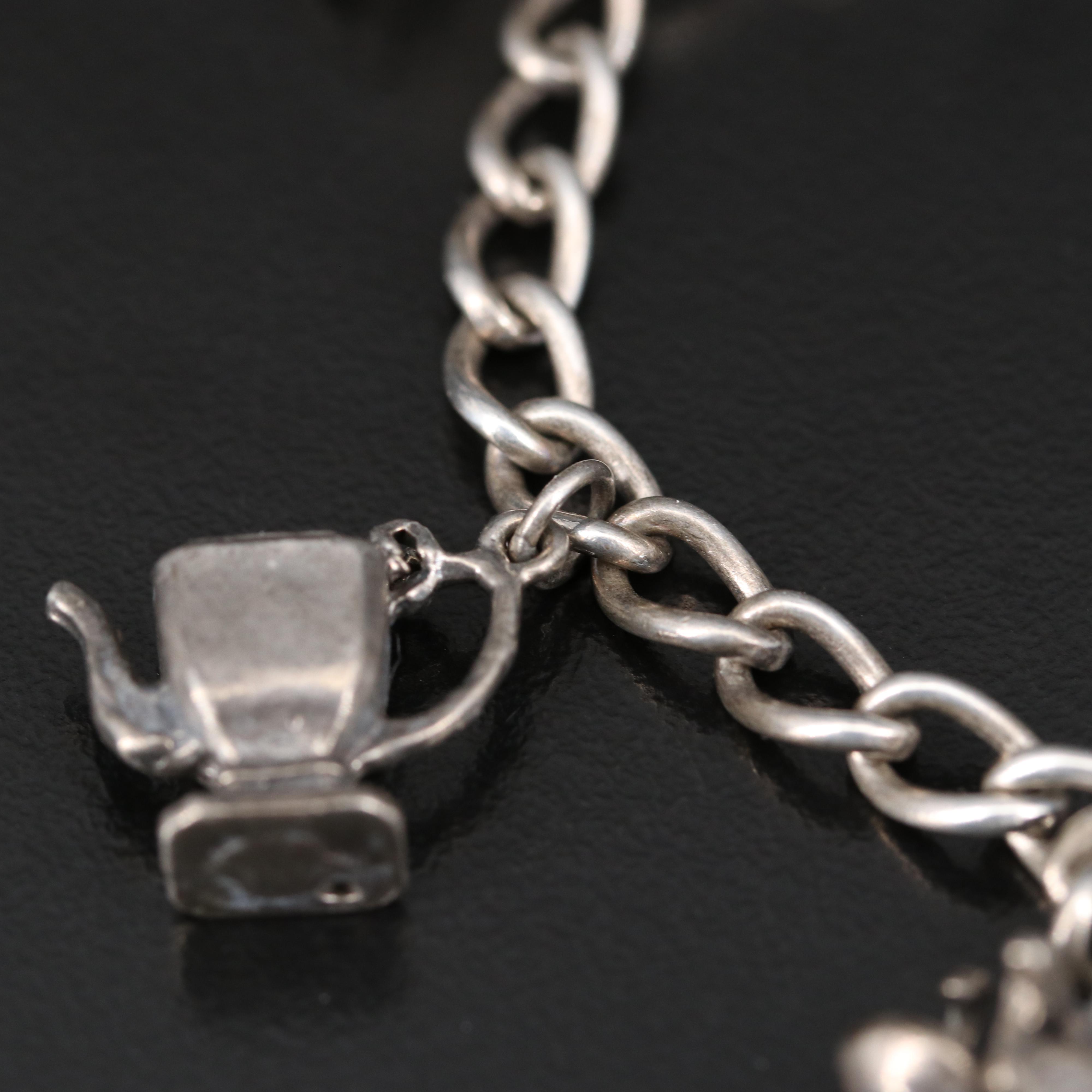 Vintage Sterling Charm Bracelets with Barber Chair and Phone Themed Charms