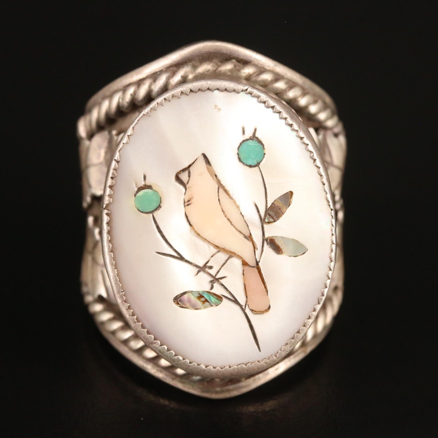 Sterling Bird Ring Featuring Mother of Pearl, Abalone and Turquoise Inlay