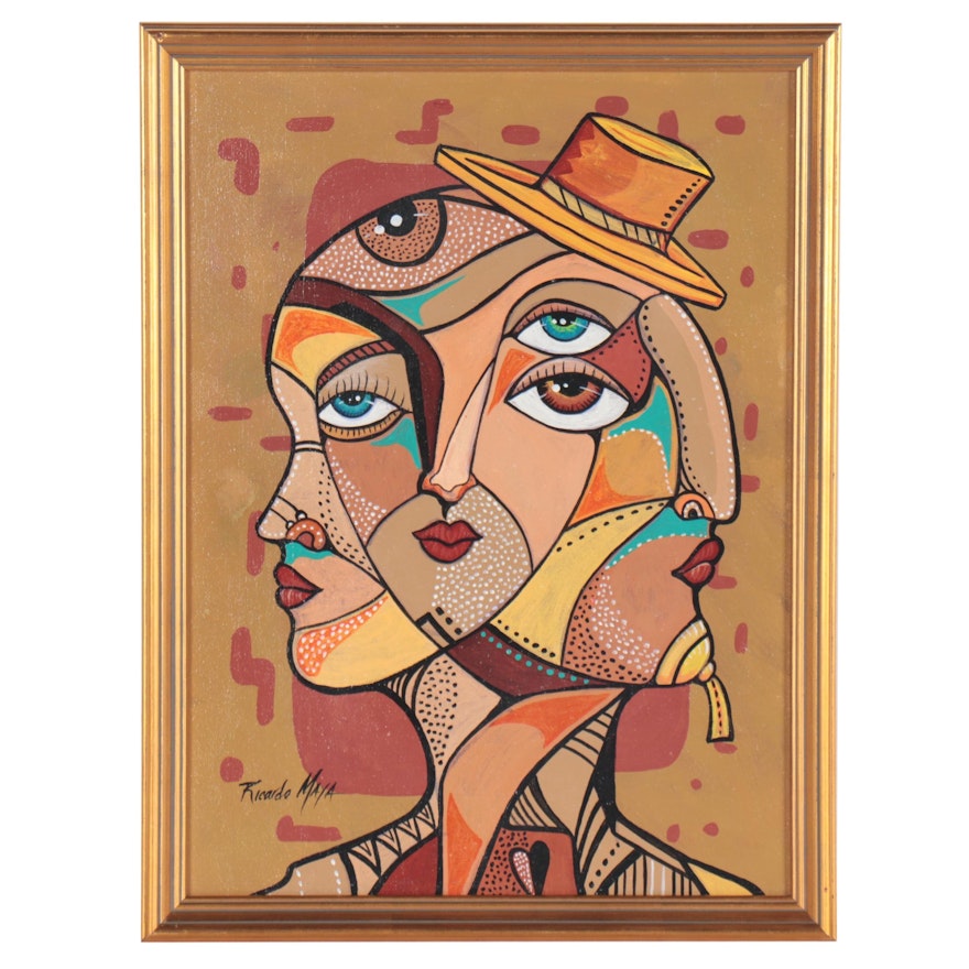 Ricardo Maya Cubist Style Portrait Acrylic Painting