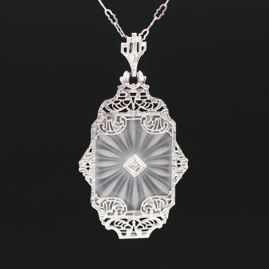 Art Deco 14K Diamond and Rock Crystal Quartz Necklace