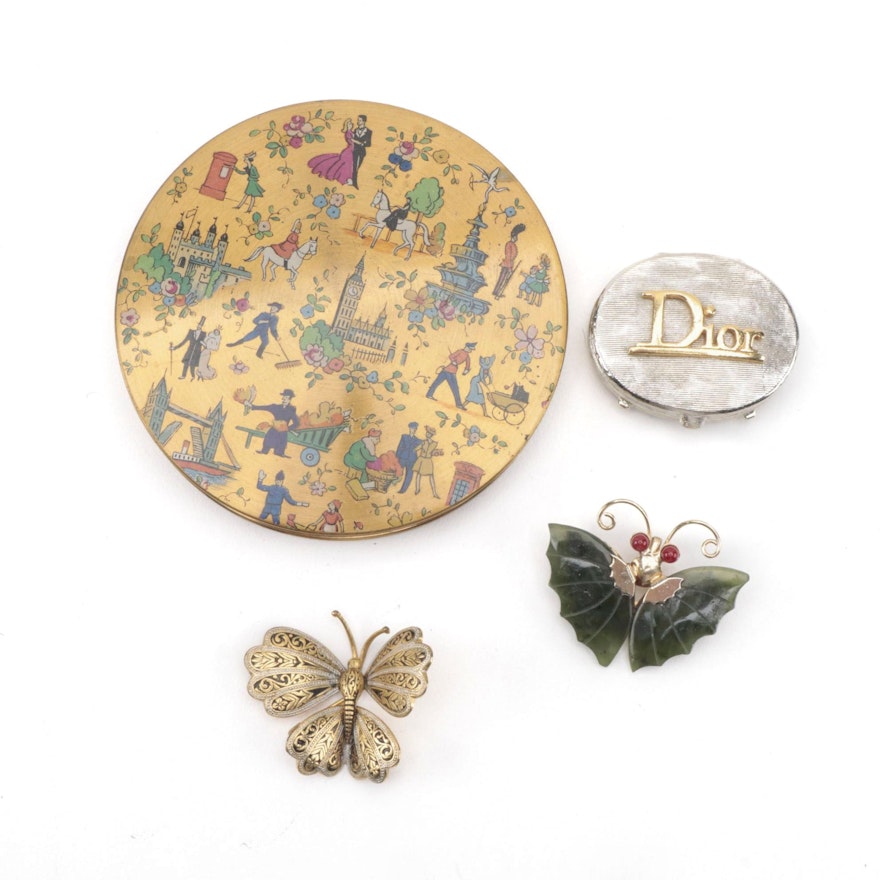 Christian Dior Solid Perfume Case and Le Rage Compact, with Butterfly Brooches
