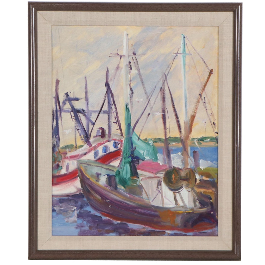 Nautical Oil Painting of Boats at the Harbor, Late 20th Century