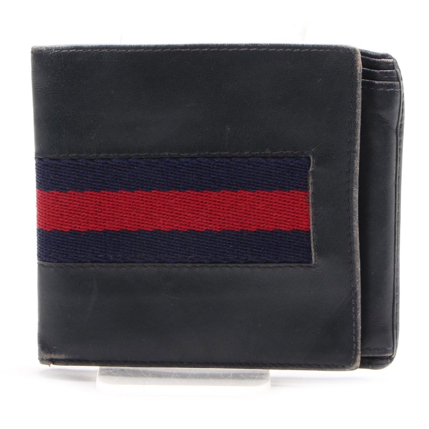 Gucci Web Stripe Bifold Wallet in Navy Blue Leather