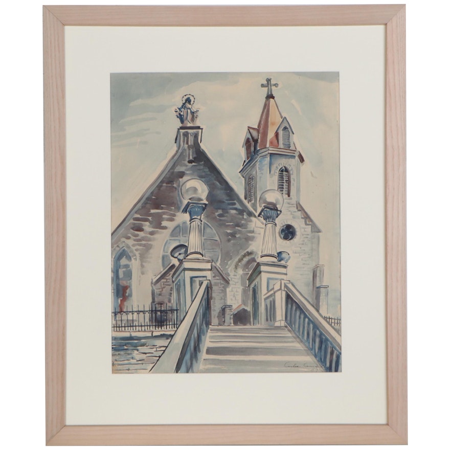 Carlos Cervantes Watercolor Painting of Church, 1947