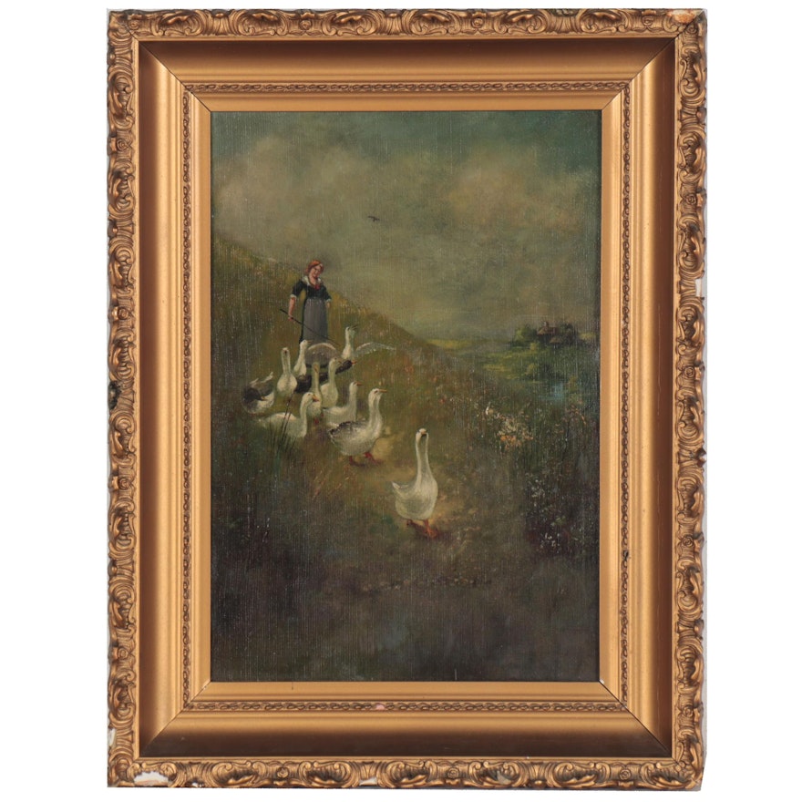 Oil Painting of Geese and Girl, Early to Mid 20th Century