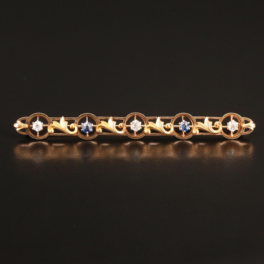 Art Nouveau 14K Sapphire and Diamond Bar Brooch with Foliate Pattern