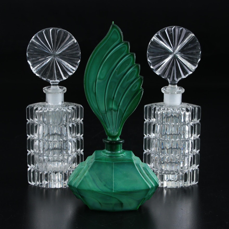 Malachite Glass Perfume Bottle with Two Marquis Cut Crystal Perfume Bottles