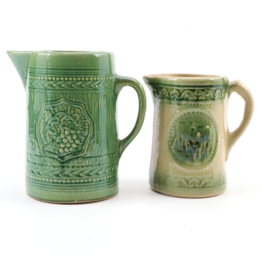 Green Salt Glazed Cow and Bull and Grape Pitchers, Late 19th to Early 20th C.