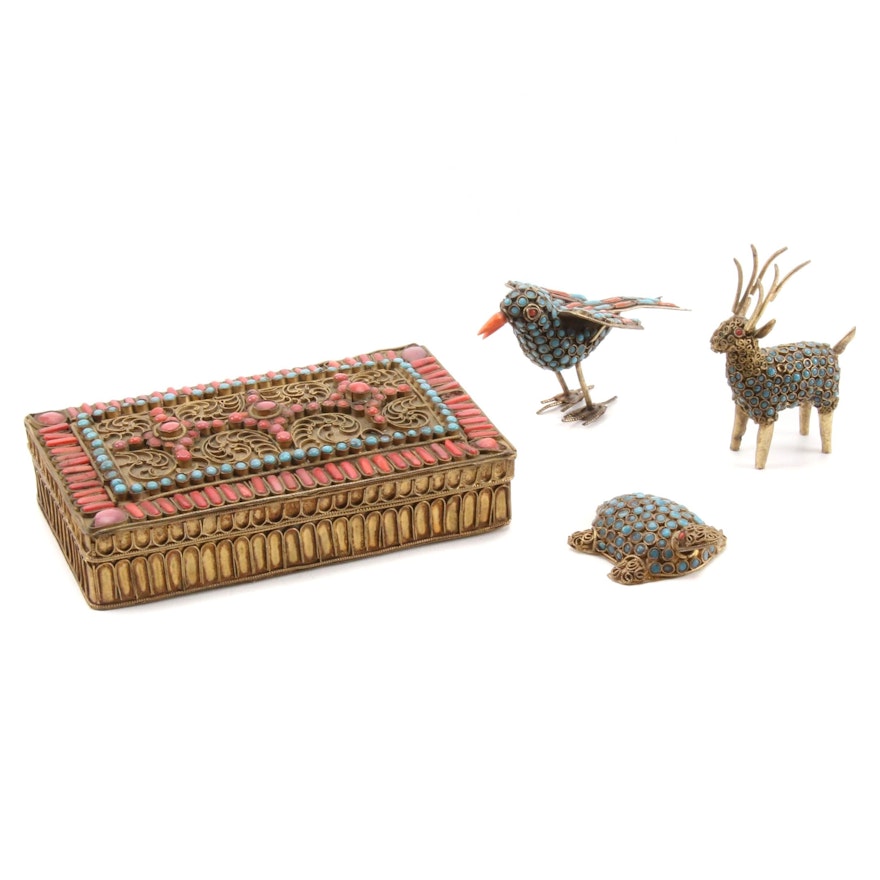 Tibetan Style Brass with Glass Bead Inlay Animals Figurines and Box