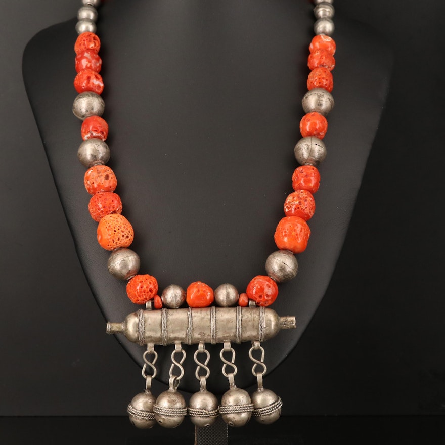 Assembled North African Amulet Necklace with Coral Beads