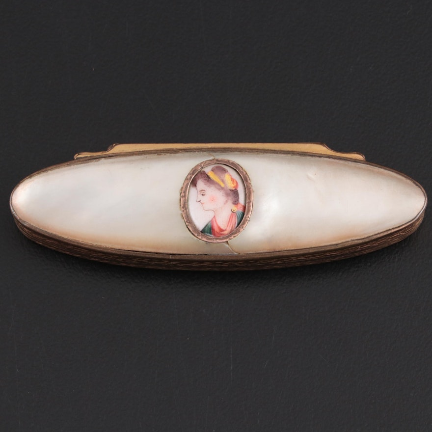French Ormolu and Mother-of-Pearl Oval Patch Box with Inset Miniature Portrait