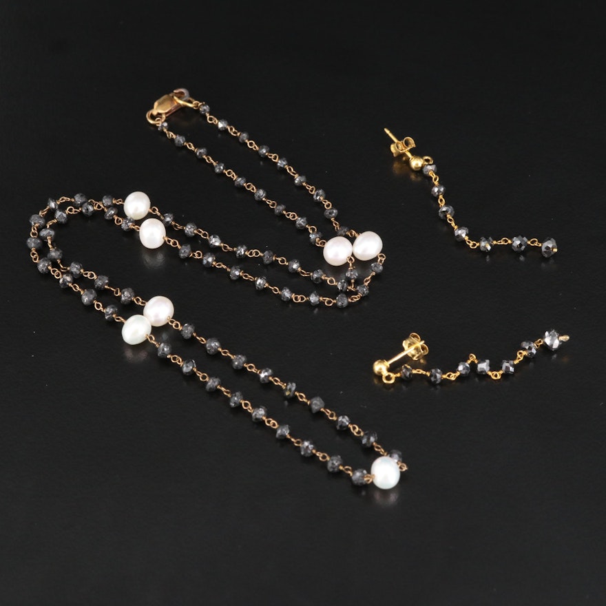 Gold Filled Black Diamond and Pearl Necklace with Drop Earrings and 14K