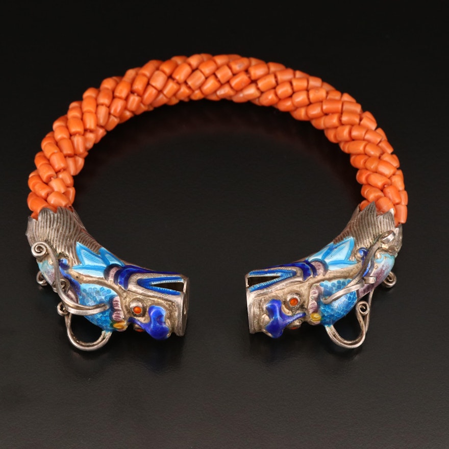 Sterling Beaded Coral and Enamel Dragon Cuff