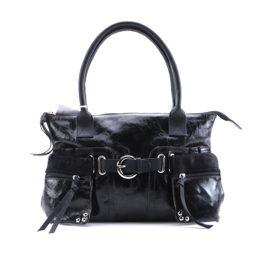 Cleo & Patek Black Crinkle Patent Leather and Calf Hair Handbag