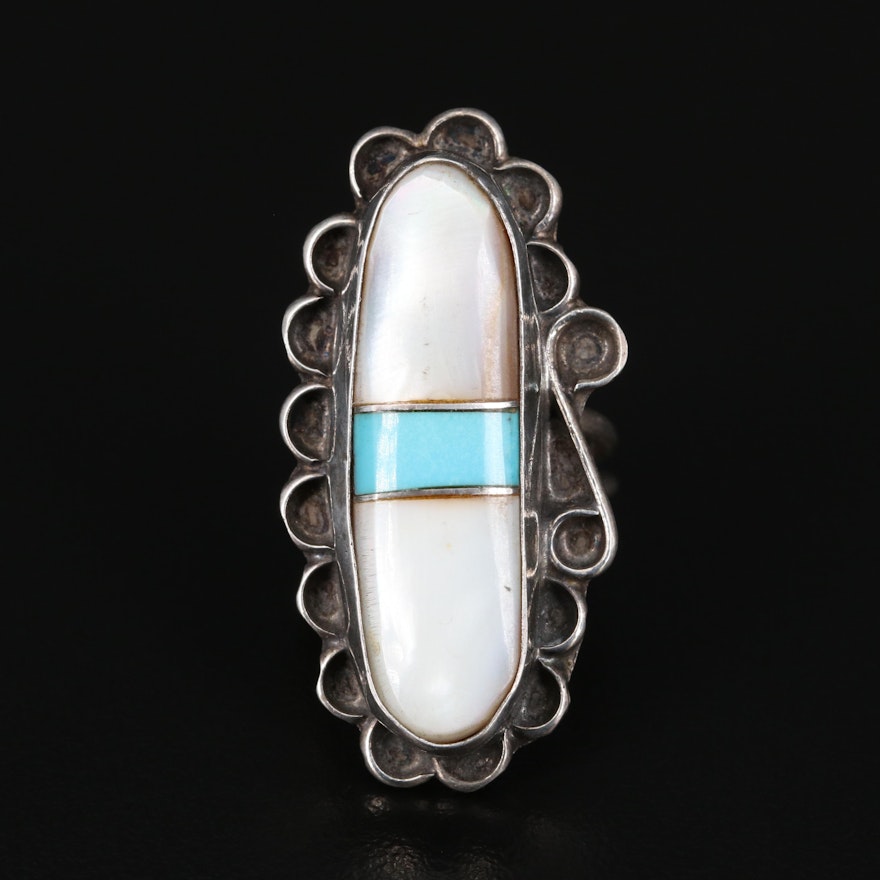 Southwestern Sterling Mother of Pearl and Turquoise Pointer Ring