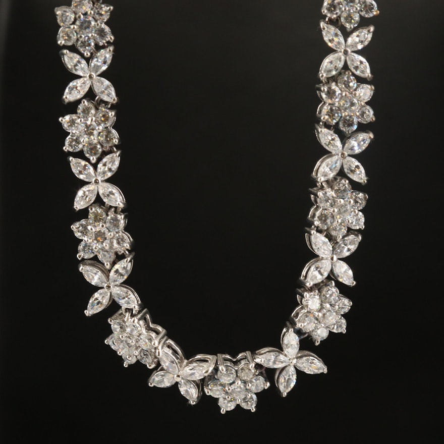 Sterling Floral Link Necklace with Cubic Zirconia