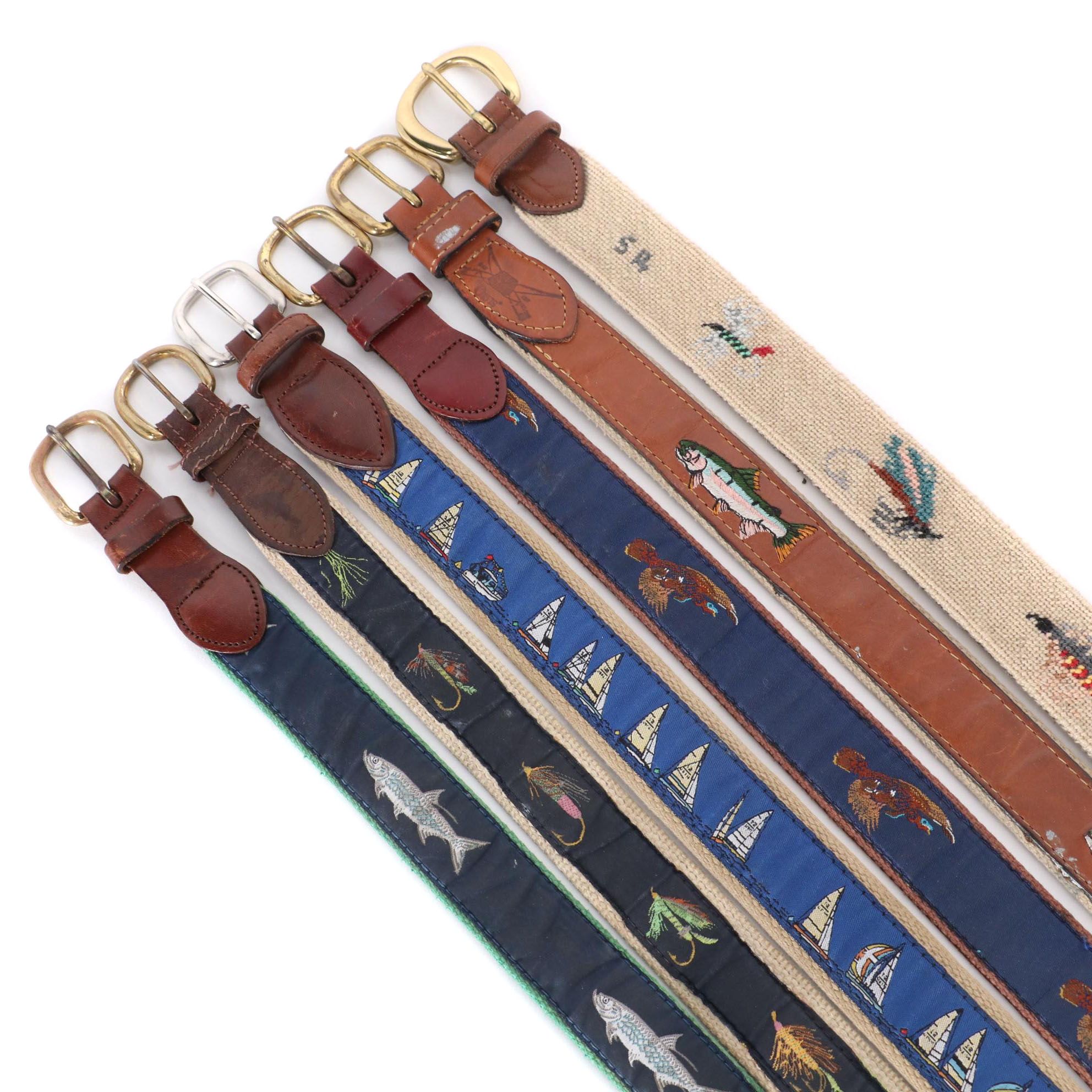 Dan Place Fly Fishing Needlepoint Leather Belt and Other Ribbon Sporting Belts