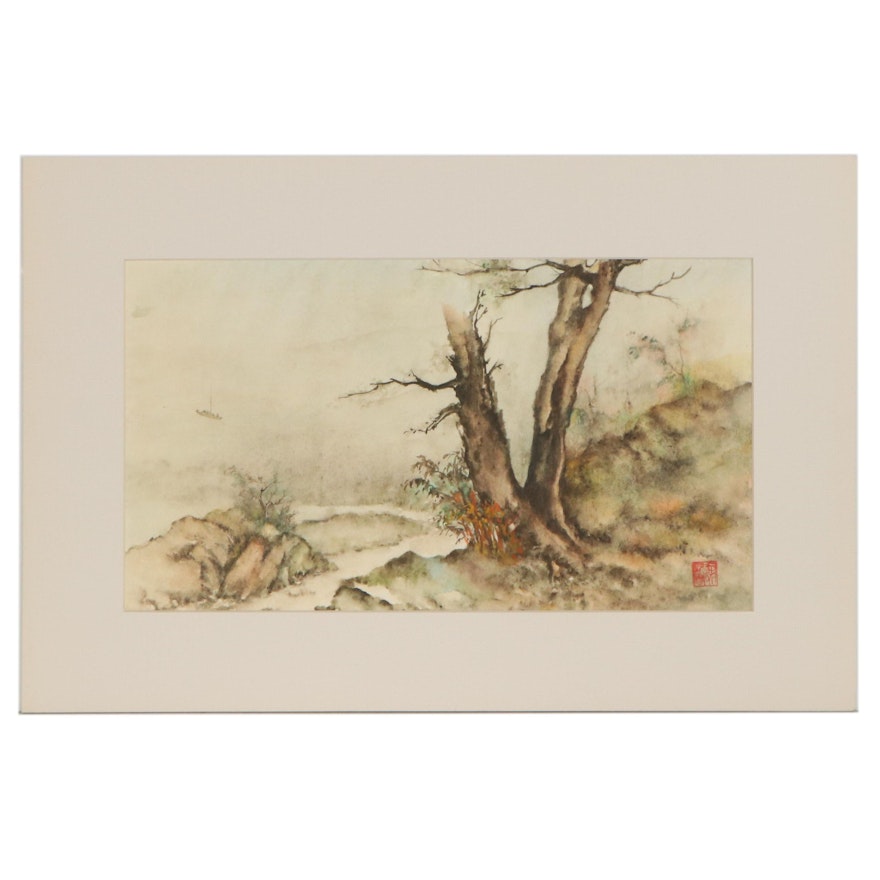 East Asian Watercolor Painting of Forest with Nearby Lake, Mid-20th Century