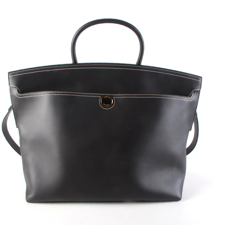 Burberry Society Convertible Top Handle Tote in Contrast Stitched Black Leather