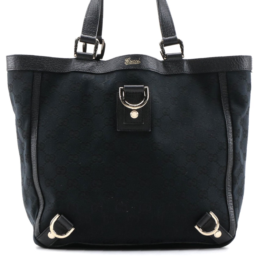 Gucci Abbey D-Ring Black GG Canvas Small Tote with Leather Trim