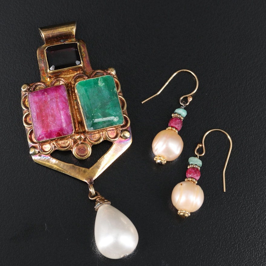 Slide Pendant and Earrings with Garnet, Sillimanite and Faux Pearl