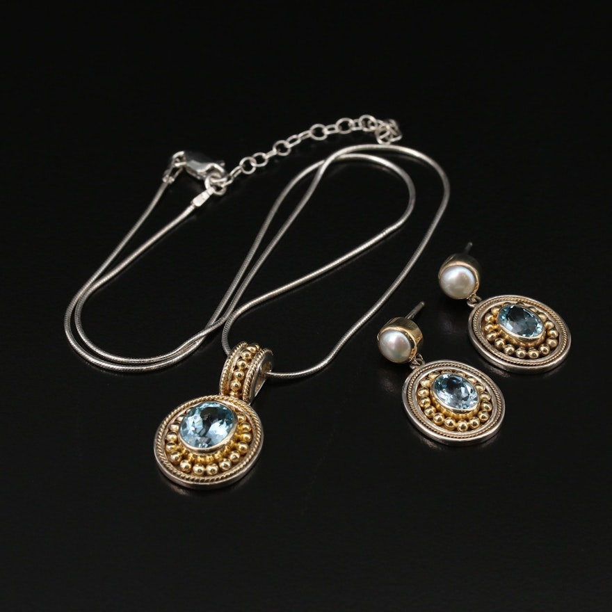 Sterling Silver Topaz and Pearl Necklace and Earring Set