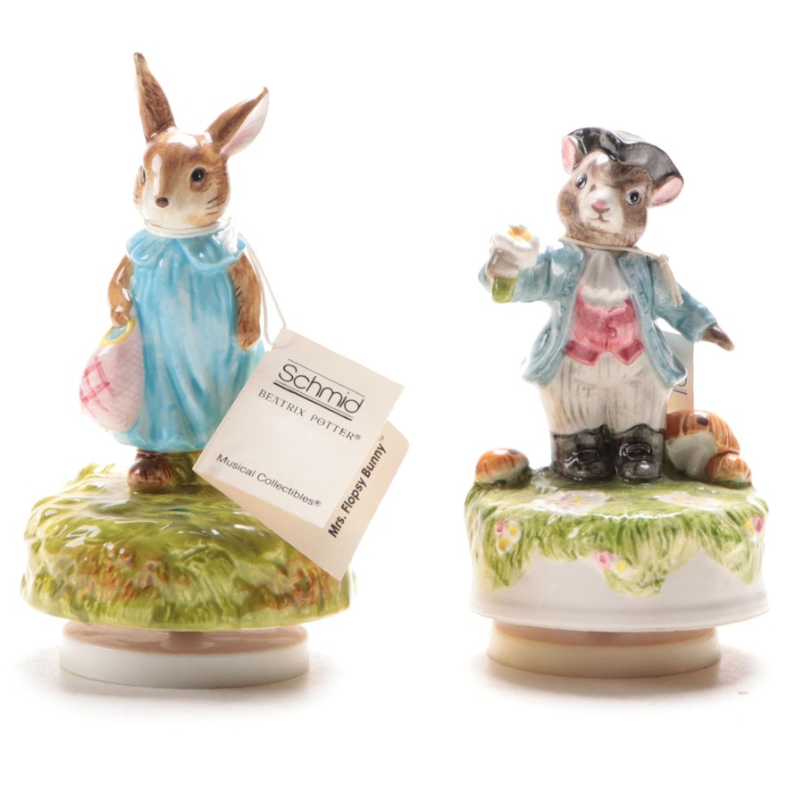 Schmid "Mrs. Flopsy Bunny" and "Colonial Mouse" Musical Figurines