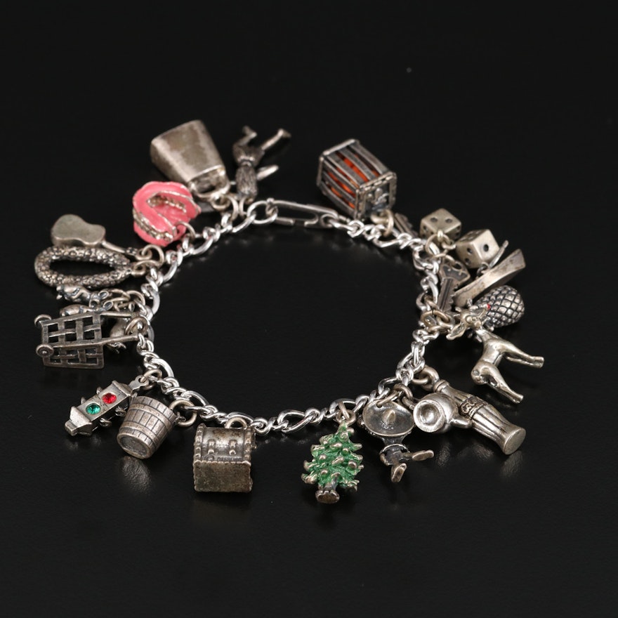 Vintage Sterling Charm Bracelet Including Rhinestone and Enamel Accents