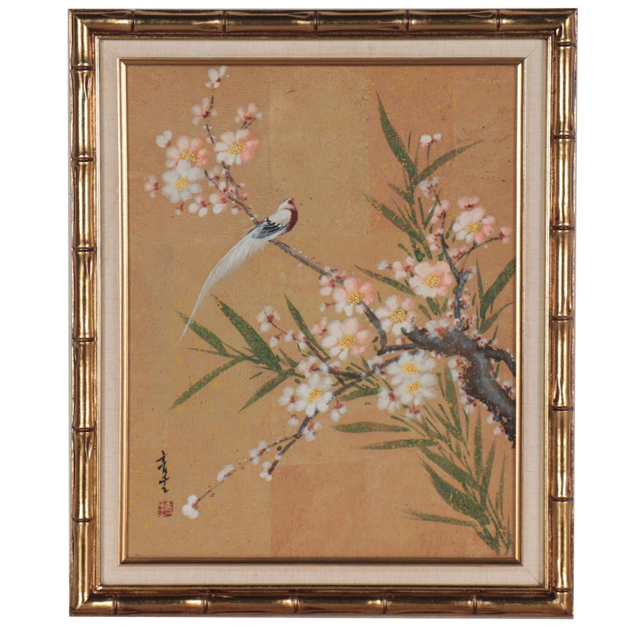 Chinese Gouache Painting of Bird on Flowering Tree