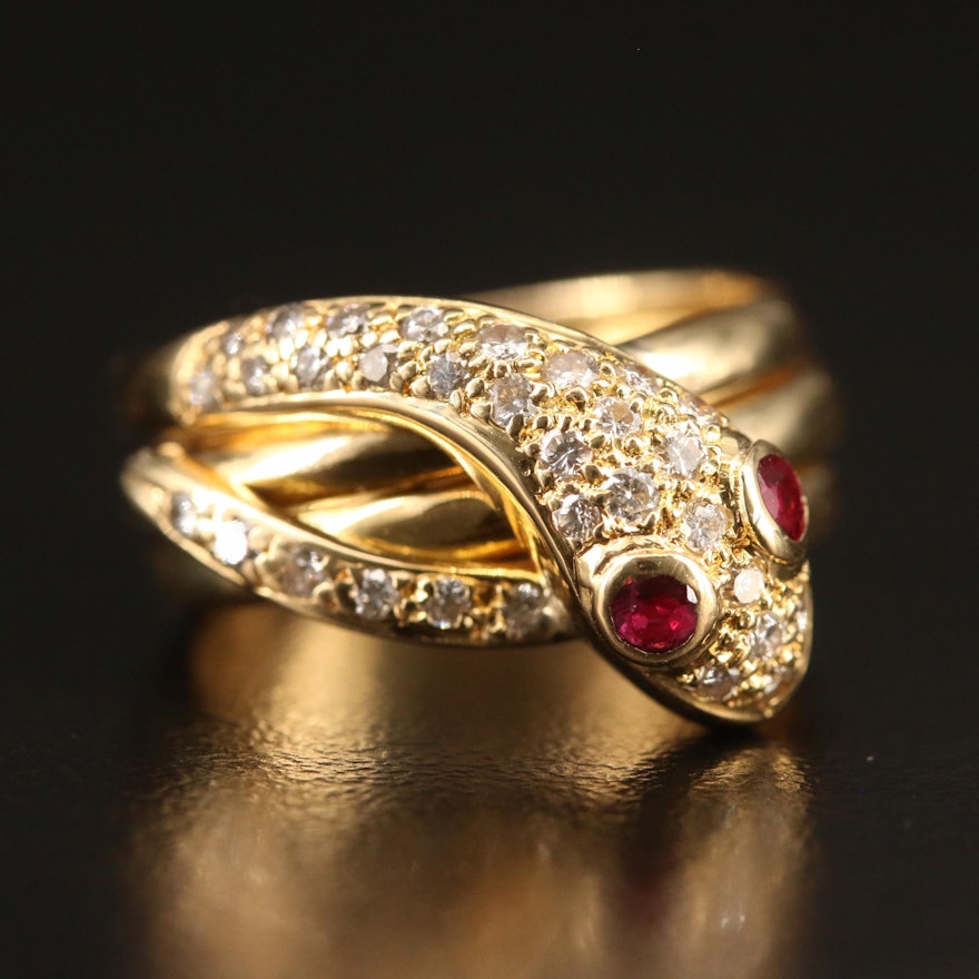 18K Diamond and Ruby Coiled Snake Ring