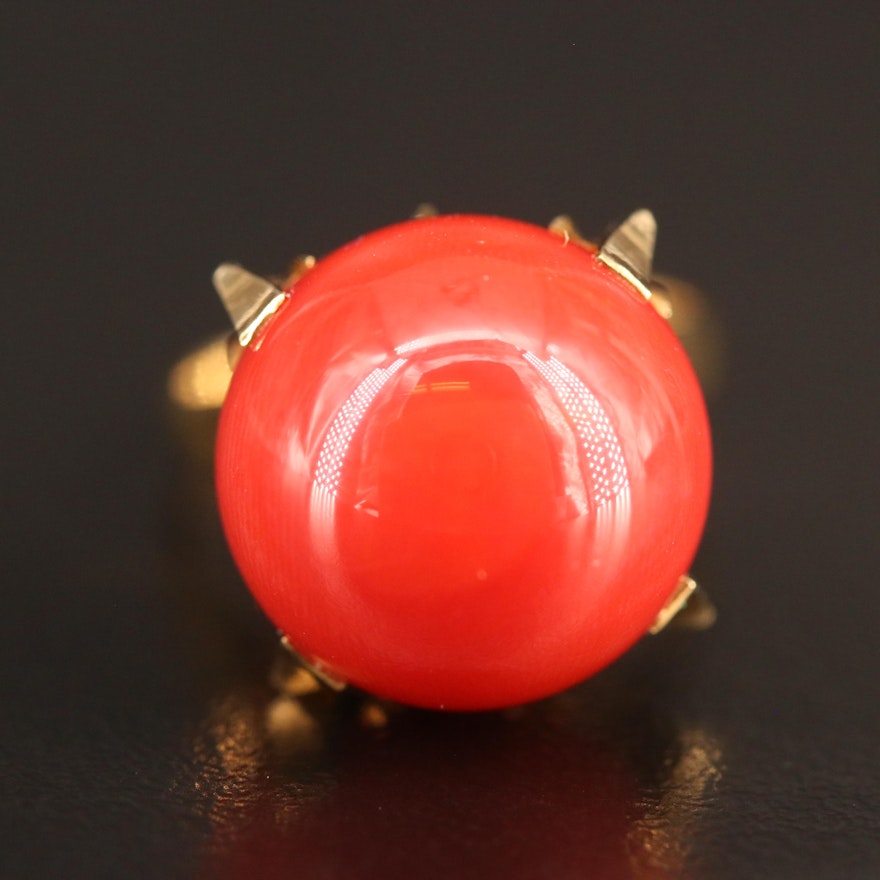 18K Coral Ring in Fleur-de-Lis Setting