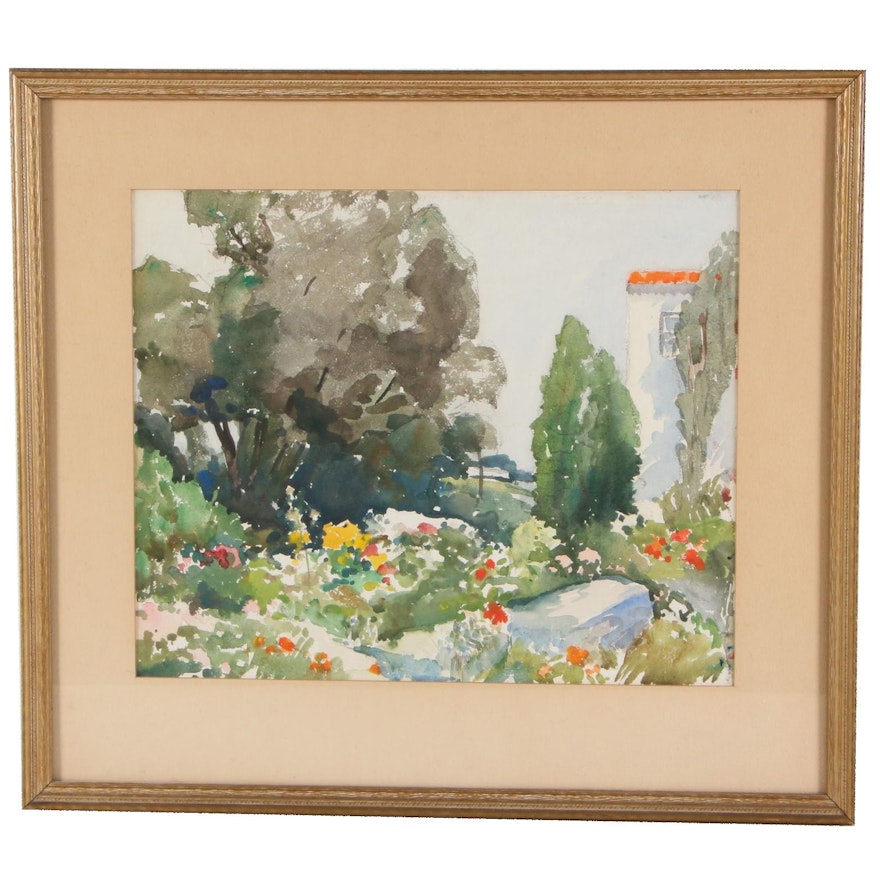 Garden Landscape Watercolor Painting, Late 20th Century
