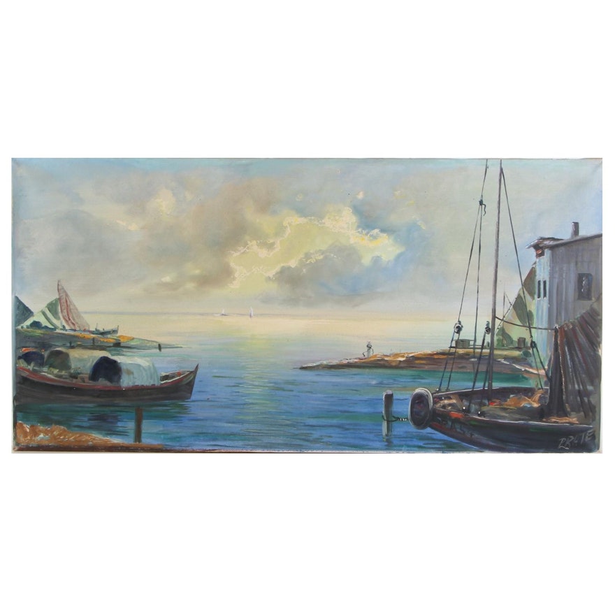 Harbor Scene Oil Painting, Late 20th Century