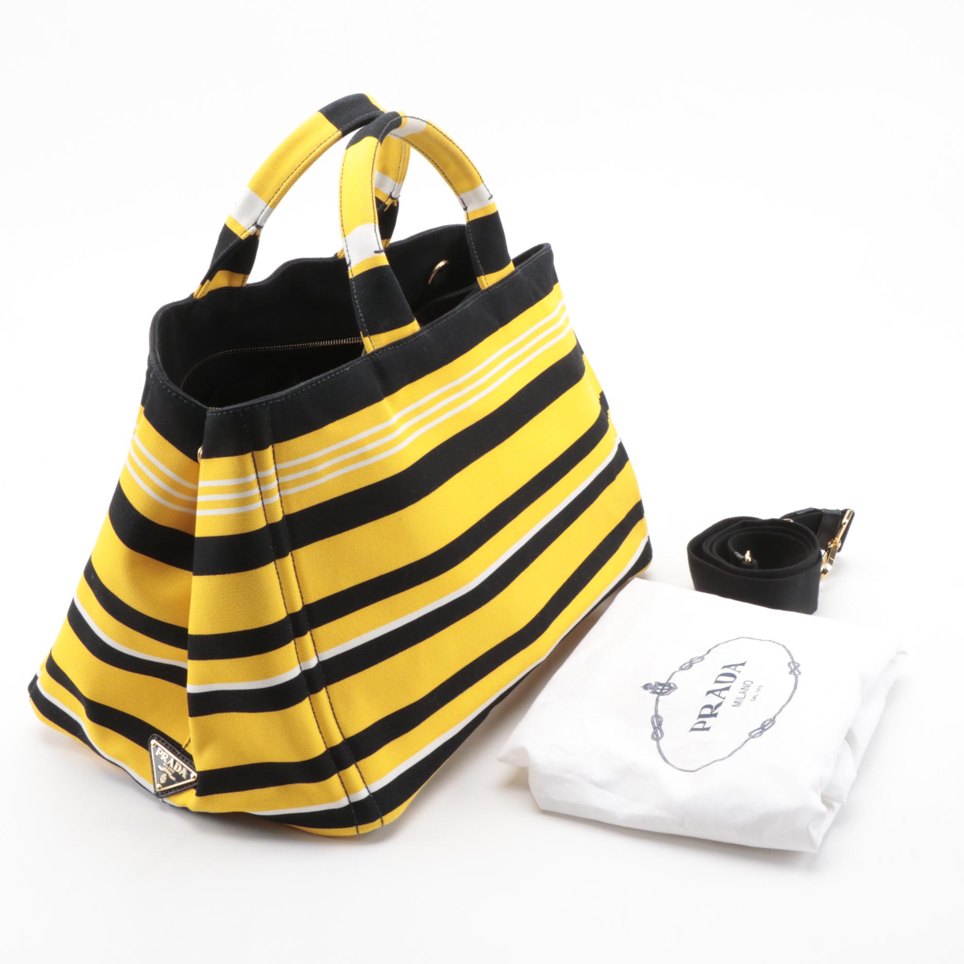Prada Shopping Tote in Striped Yellow and Black Canapa Canvas